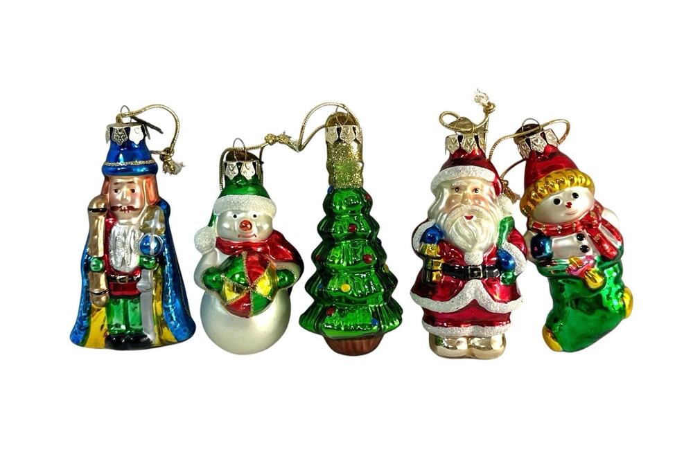 Thomas Pacconi Classics Glass Christmas Ornaments Set of 5 Santa Snowman 3”